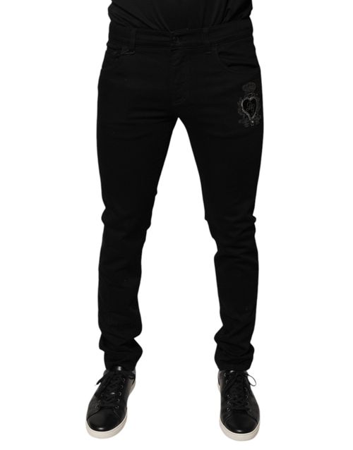 Logo-Embroidered Skinny Denim Jeans — Black