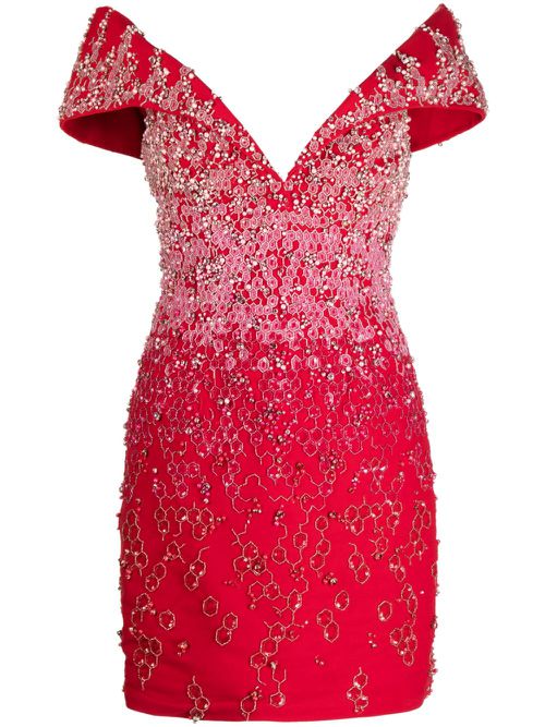 Canton beaded off-shoulder dress - Red