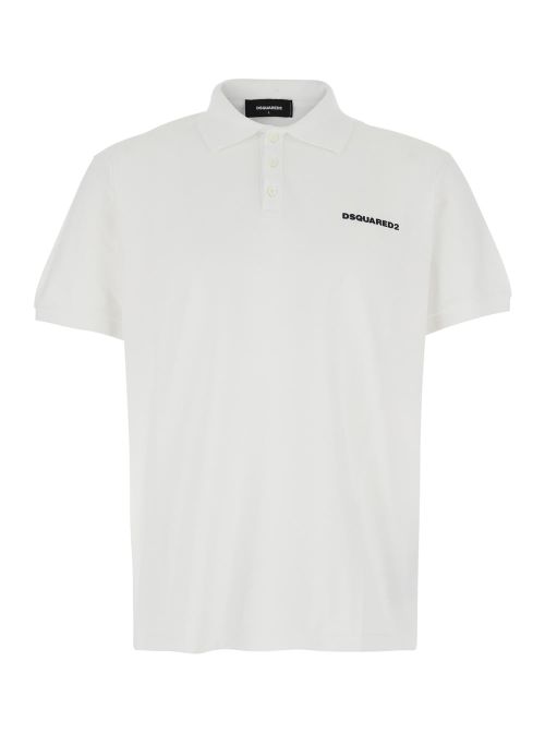 White Polo Shirt With Classic Collar And Logo Lettering On The Front In Cotton Man
