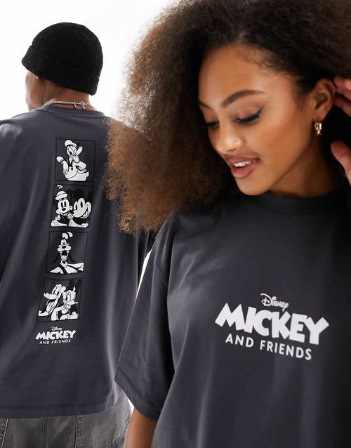 Disney oversized unisex tee with Mickey Mouse and friends spine print in charcoal-Grey