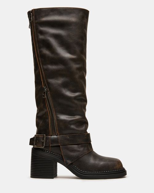 Steve Madden Women's Lowery Block Heel Boots - Brown Distressed - - Leather