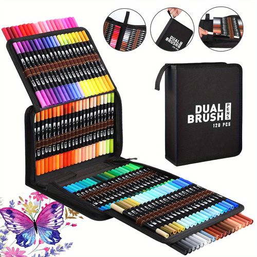 TEMU 120-color Double-headed Watercolor Pen Set Watercolor Pen Set With Storage Bag Double-headed Design, Used For Writing, Painting, Drawing, Diy