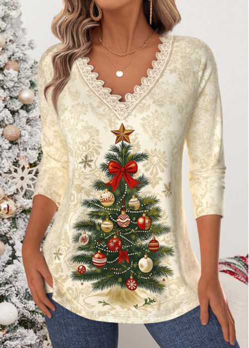 Modlily Christmas Beige Tummy Coverage Long Sleeve T Shirt