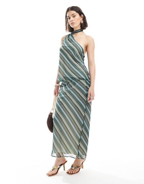 Chiffon bias cut maxi skirt in green stripe-Multi