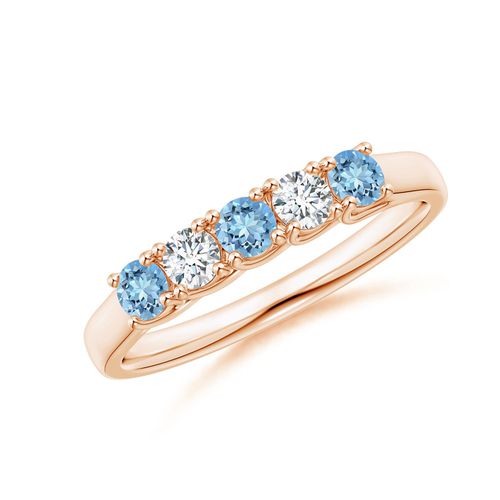 Angara 0.24 Carat Half Eternity Five Stone Aquamarine and Diamond Wedding Ring in 14K Rose Gold