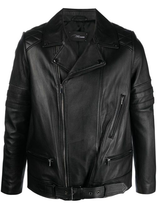 Off-centre zip-fastening leather jacket - Black