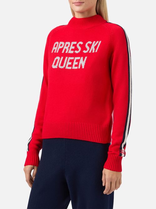 Peak Cashmere-Blend Mock-Neck Red With Apres Ski Queen Rhinestone Appliqué Knitwear - Women