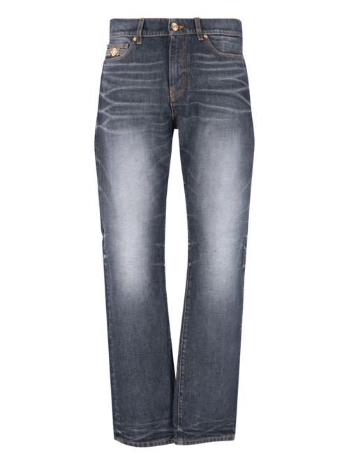 Men's Denim Jeans with Calf Leather Trim