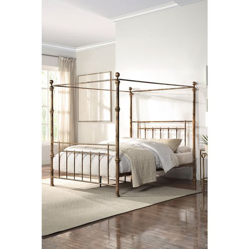 Welwyn Vintage Victorian 4 Poster Antique Brass Metal Bed Frame w 20cm Deep Pocket Comfort Foam Mattress