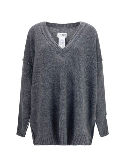 Oversized V-Neck Wool-Blend Knit Sweater — Gray