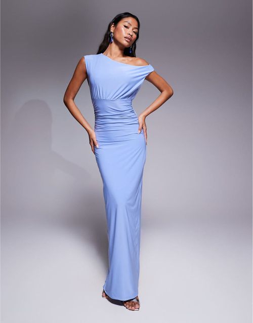 Fashionkilla double sculpted slinky sleeveless asymmetric neck ruched bodycon maxi dress in baby blue