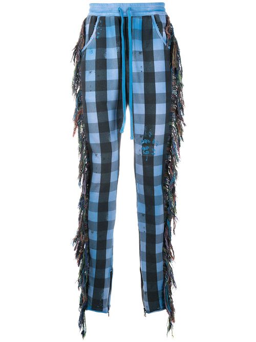 Fringe-trim checked trousers - Blue