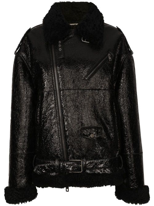 Frilled-collar pebbled leather jacket - Black