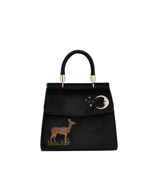 Fable England Deer & Moon Embroidered Black Velvet Tote | Women's Handbag