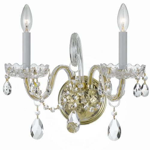 Traditional Crystal 2-Light 12" Wall Sconce in Polished Brass with Hand Cut Crystal Crysta