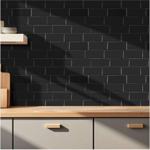 Living and Home Unisex 10Pcs 3D Solid Color Subway Tiles Self-Adhesive Wall Tile Stickers in Black