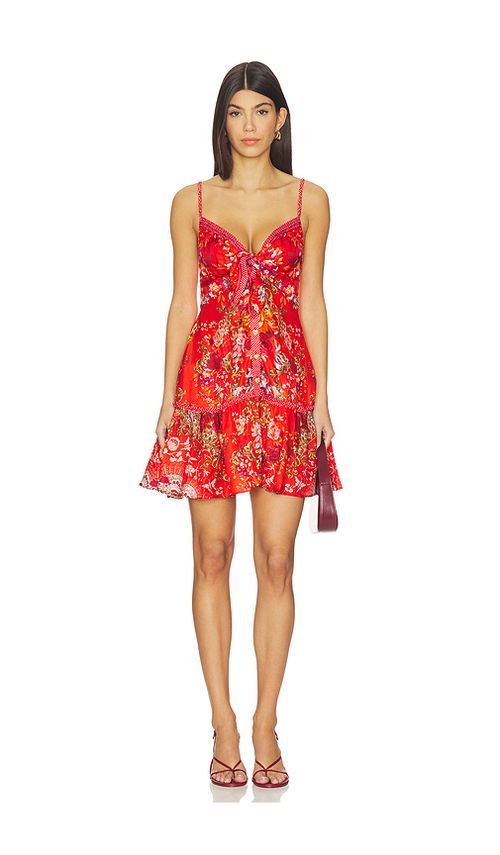 Camilla Tie Front Short Dress With Hem Ruffle in Ol&eacute; Ol&eacute; in Red. - M also in