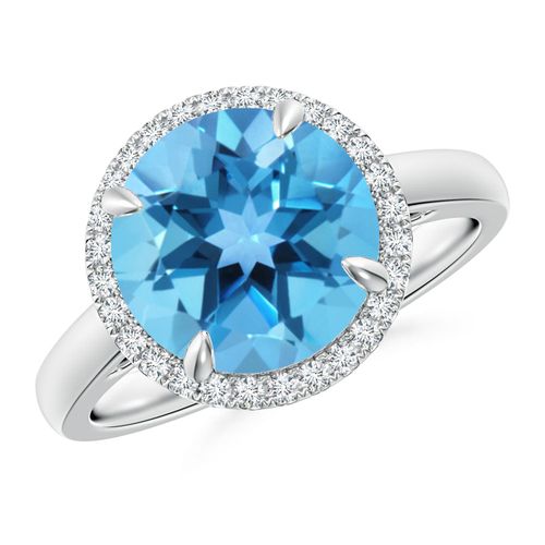 Angara 4.2 Carats Round Swiss Blue Topaz Cathedral Ring with Diamond Halo in Platinum