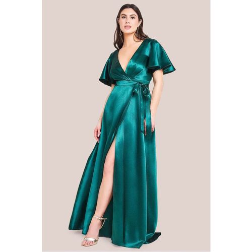 Goddiva Flutter Sleeve Wrapover Satin Maxi Dress - Emerald Green