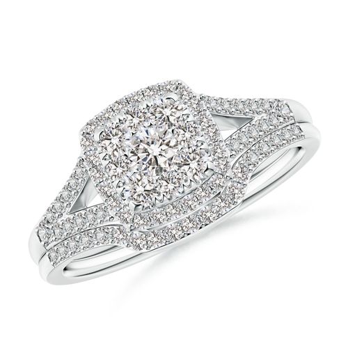 Angara 0.67 Carat Cushion Composite Diamond Halo Split Shank Bridal Set in Platinum