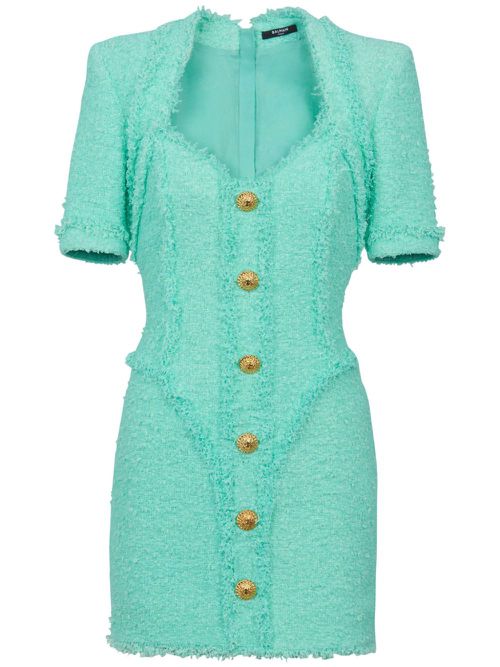 Button-embellished tweed minidress - Blue
