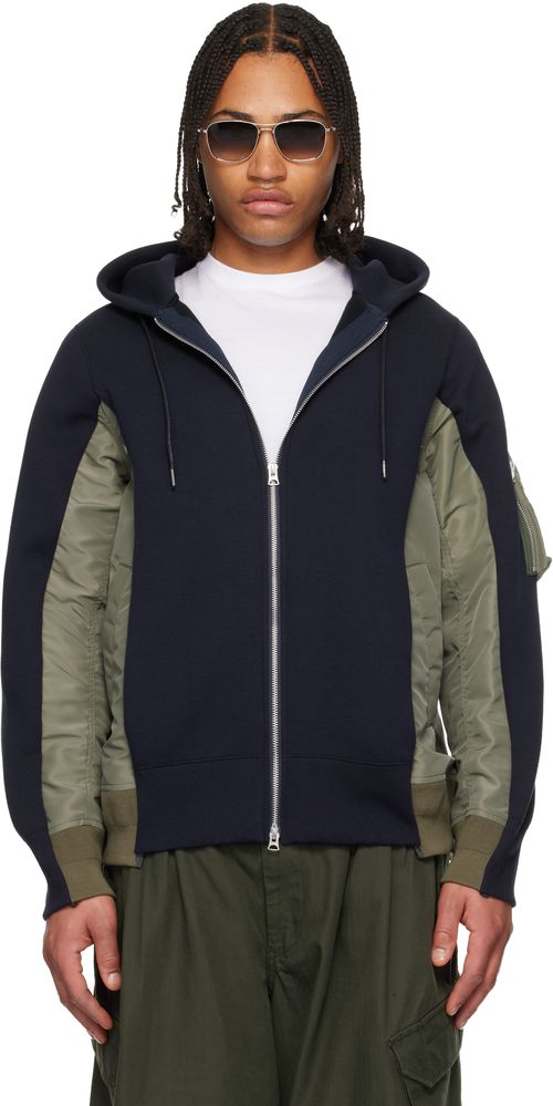 Navy & Khaki Sponge Sweat & Nylon Twill Hoodie