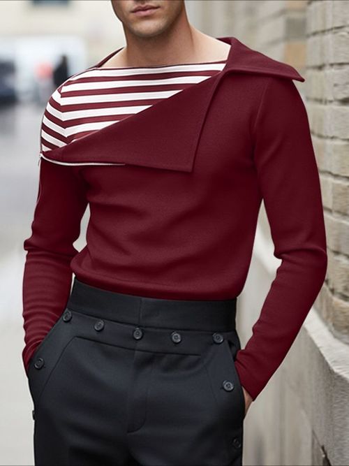 Men's Shoulder Zipper Design Stripe Patchwork Long Sleeve T-shirt SKUL43742 - Wine Red / S