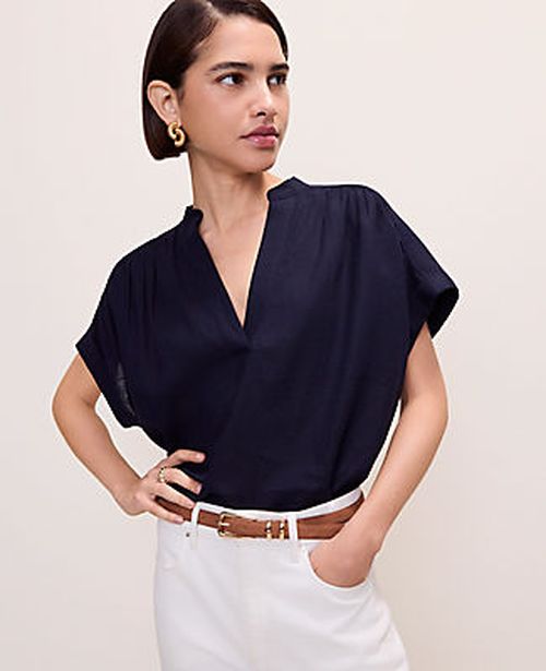 Ann Taylor Petite Linen Blend Split Neck Blouse