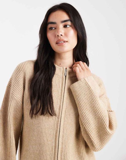 Premium high neck double zip knitted bomber jacket in camel-Neutral