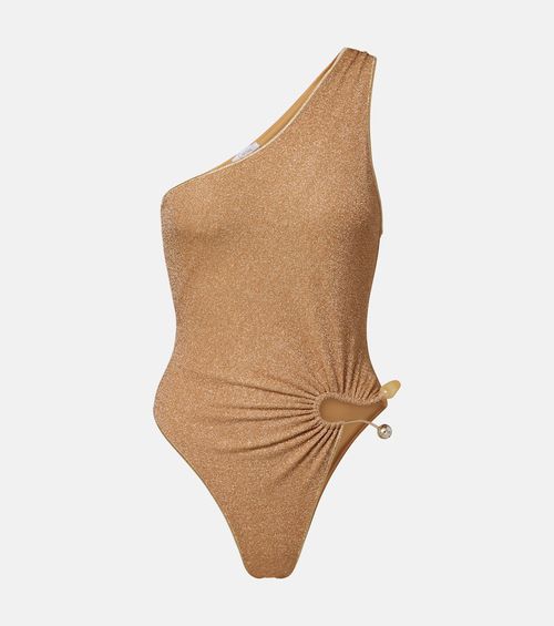 Oséree Embellished one-shoulder lamé swimsuit