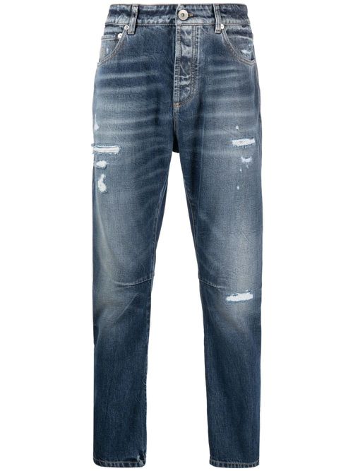 Distressed-finish cotton jeans - Blue
