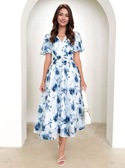Blue Floral Printed Dress With Belt Puff Sleeves Elegant A-Line idi Dress For Women