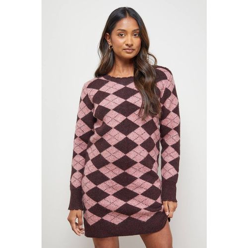 Oasis Women's Argyle Scallop Neck Knitted Mini Dress in Pink
