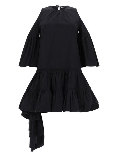 Ruffles' Cotton Popelin Midi Dress with Crewneck with Tie-up Back Drawstring, Sleeves with Cut-out Detail on the Shoulders, Ruffles on the Length with Asymmetric Detail