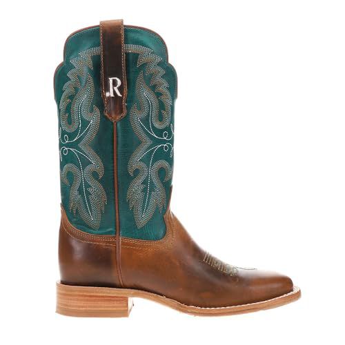 R. Watson Boots Womens Honey Cowhide Embroidered Wide Square Toe Casual Boots Mid Calf Low Heel 1-2" - Brown