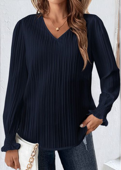 Modlily Navy Smocked Long Sleeve V Neck Blouse