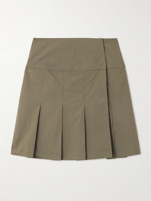 Girdle Pleated Cotton-blend Mini Wrap Skirt - Green