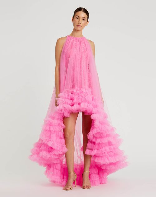 Hot Pink Tulle High Neck Sleeveless Ruffled Hem Hi-Lo Maxi Gown In Hot Pink