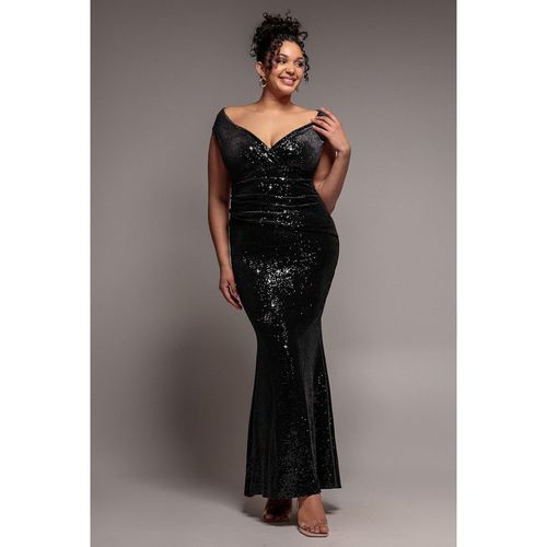 Goddiva Plus Sequin & Velvet Bardot Maxi Dress - Black