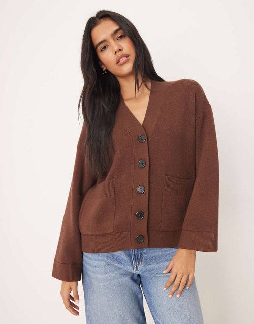 Button through pocket front boyfriend cardigan in chocolate-Brown
