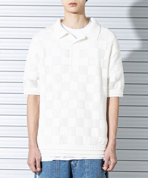 Checkerboard mesh knit half shirt MSTNT003-CR