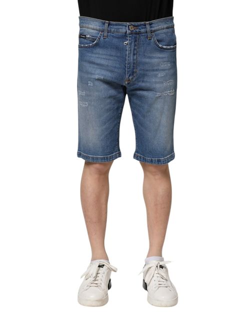 Cotton-Stretch Denim Bermuda Shorts — Blue