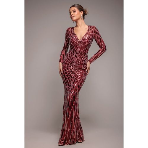 Goddiva Geo Sequin Long Sleeve Maxi Dress - Wine