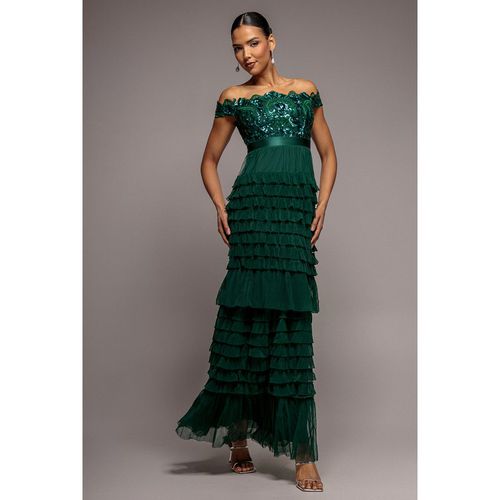 Goddiva Scallop Bardot Ruffle Mesh Maxi - Emerald Green