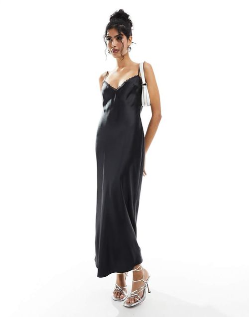 Miss Selfridge | Miss Selfridge satin lace trim maxi slip dress-Black |  Realry