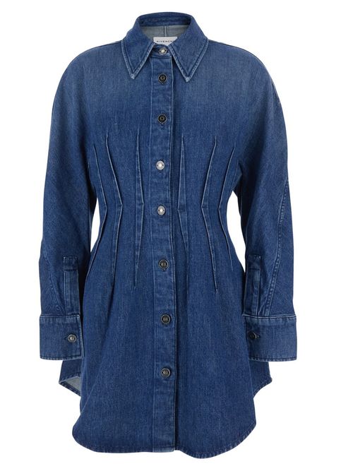 Classic Collar Button-Up Dress with Cinched Waist and Pleated Front