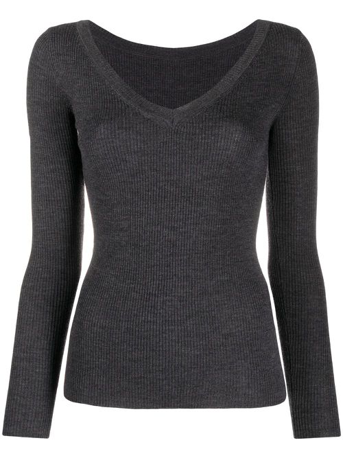 V-neck ribbed knitted top - Grey