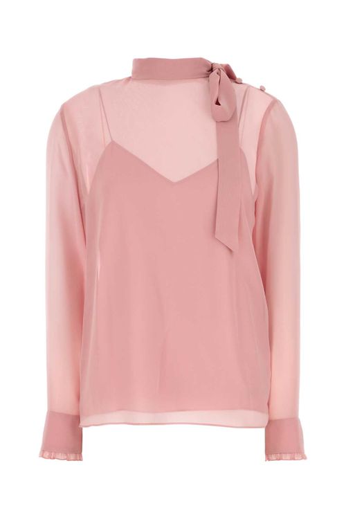 Crepe Silk with Tie-Neck Blouse — Pink