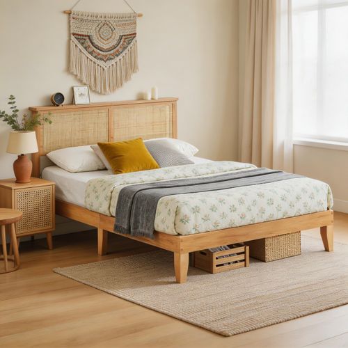 Boho Bed Frame, Rattan Headboard Bed Frame With Led Lights, Noise-Free Platform Light Wood Bed Frame - Brown
