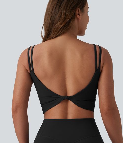 UltraSculpt™ Double Straps Twisted Backless Cropped Built-in Bra Yoga Tank Top DD-F Cups Tank Top - Black